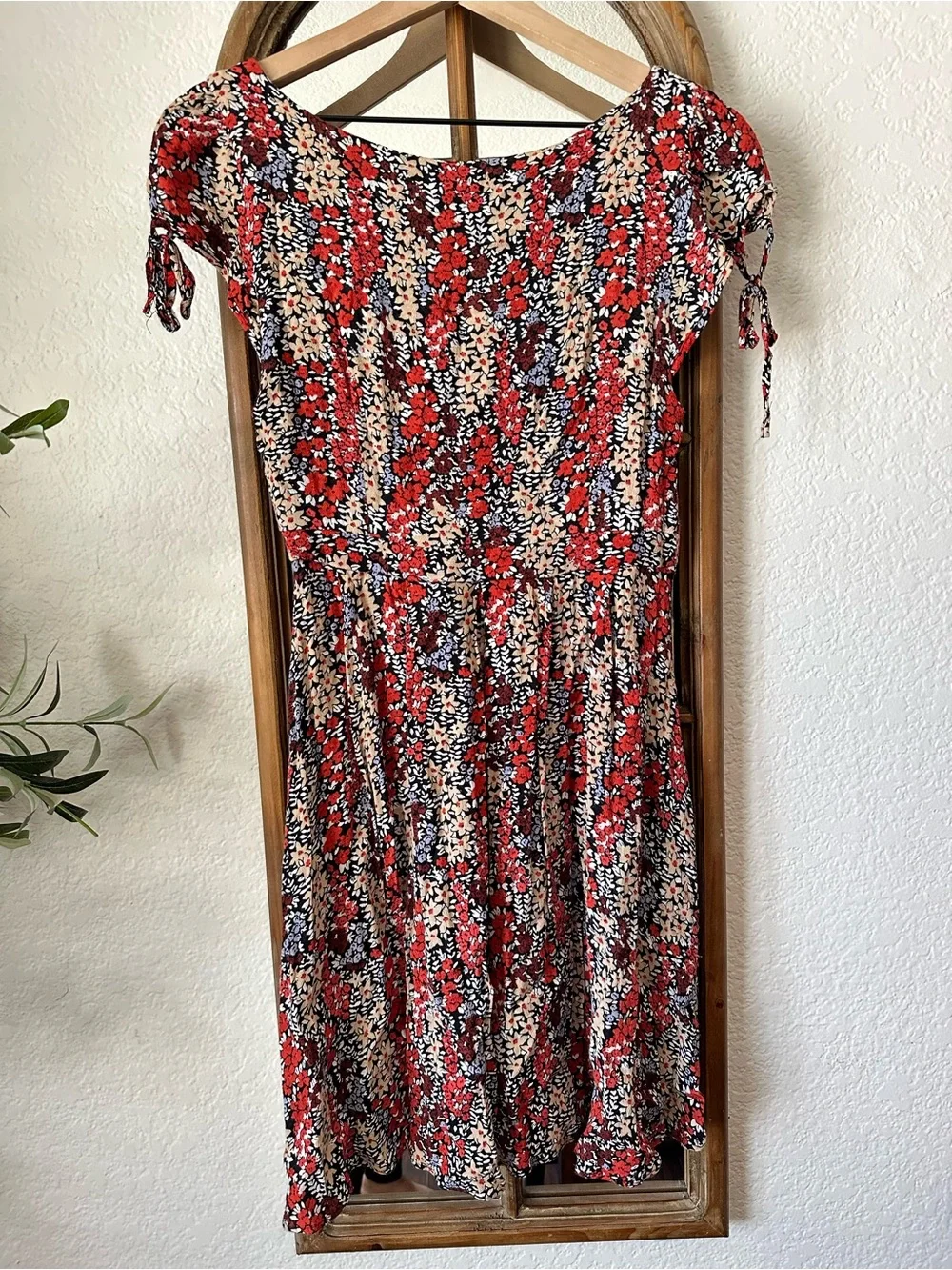Free People Floral Cutout Mini Dress XS Boho Prairie Tie Sleeve Pockets